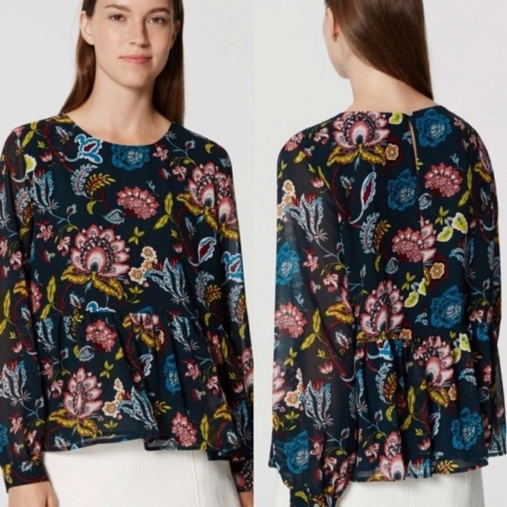 Ann Taylor LOFT Teal Floral Peplum Blouse, Size Small. - Picture 2 of 11